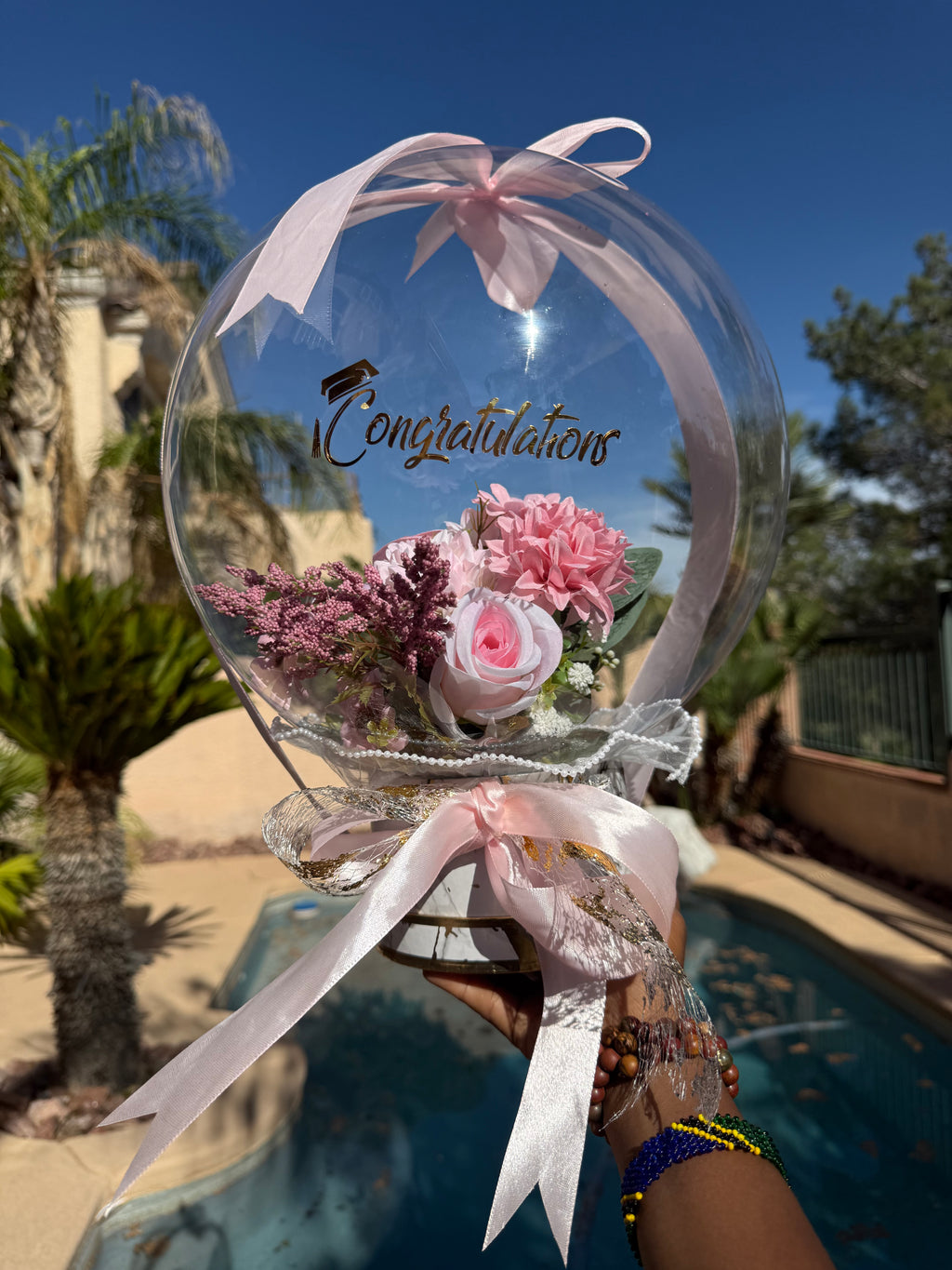 Luxury Congratulations Balloon Bouquet | Pink Floral Bubble Balloon Gift | Graduation, Promotion, Celebration Gift