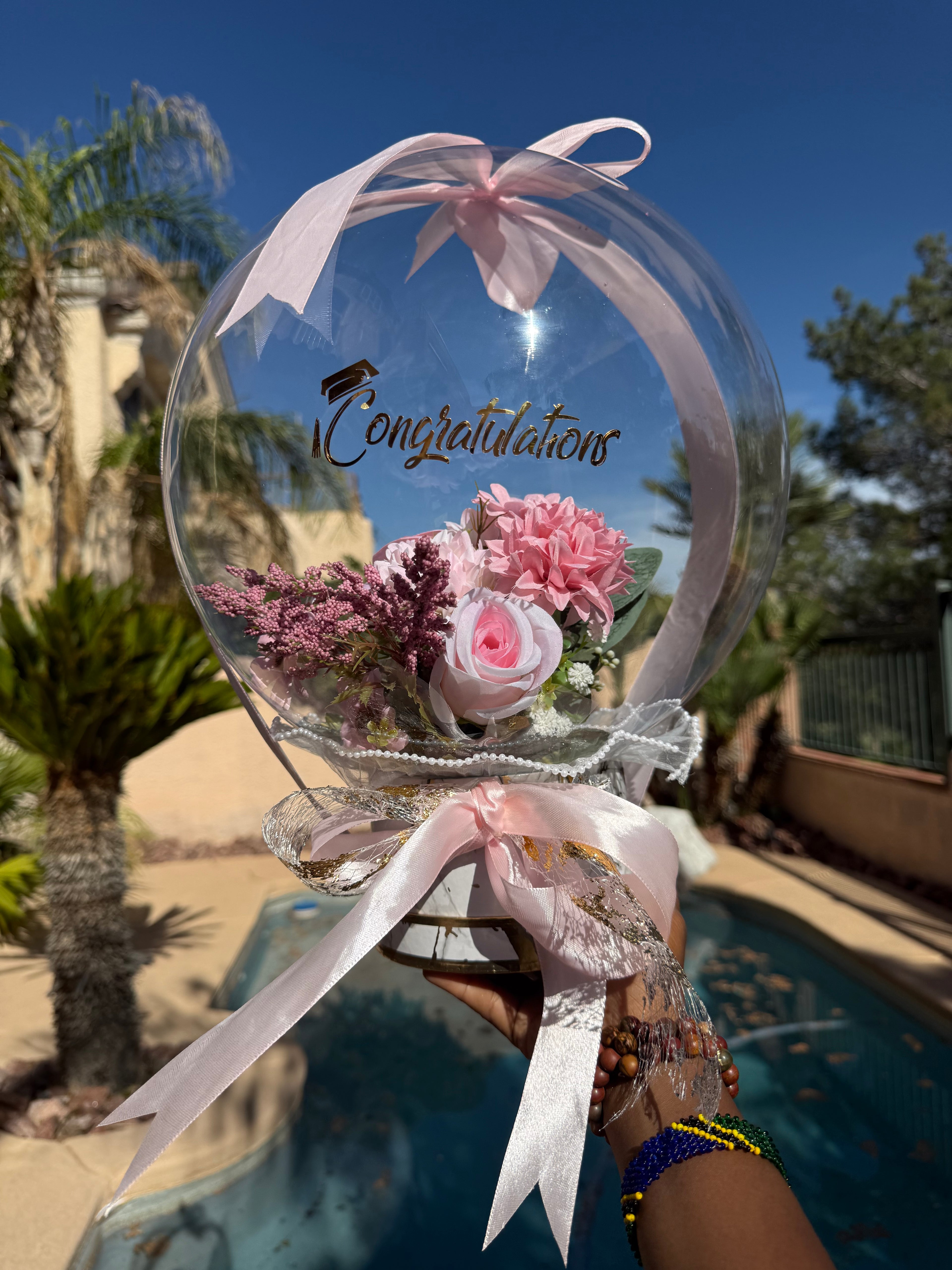 Luxury Congratulations Balloon Bouquet | Pink Floral Bubble Balloon Gift | Graduation, Promotion, Celebration Gift
