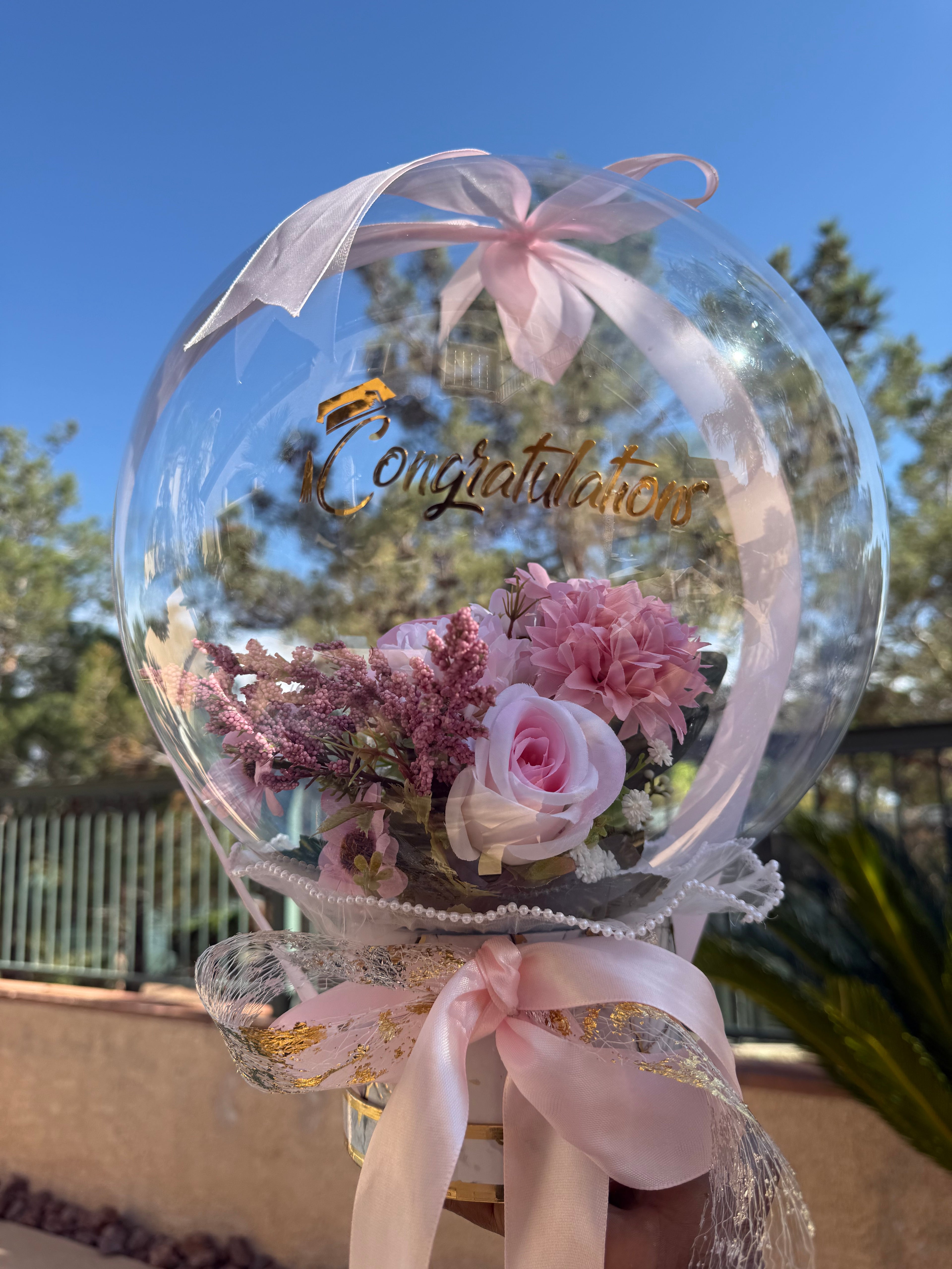Luxury Congratulations Balloon Bouquet | Pink Floral Bubble Balloon Gift | Graduation, Promotion, Celebration Gift