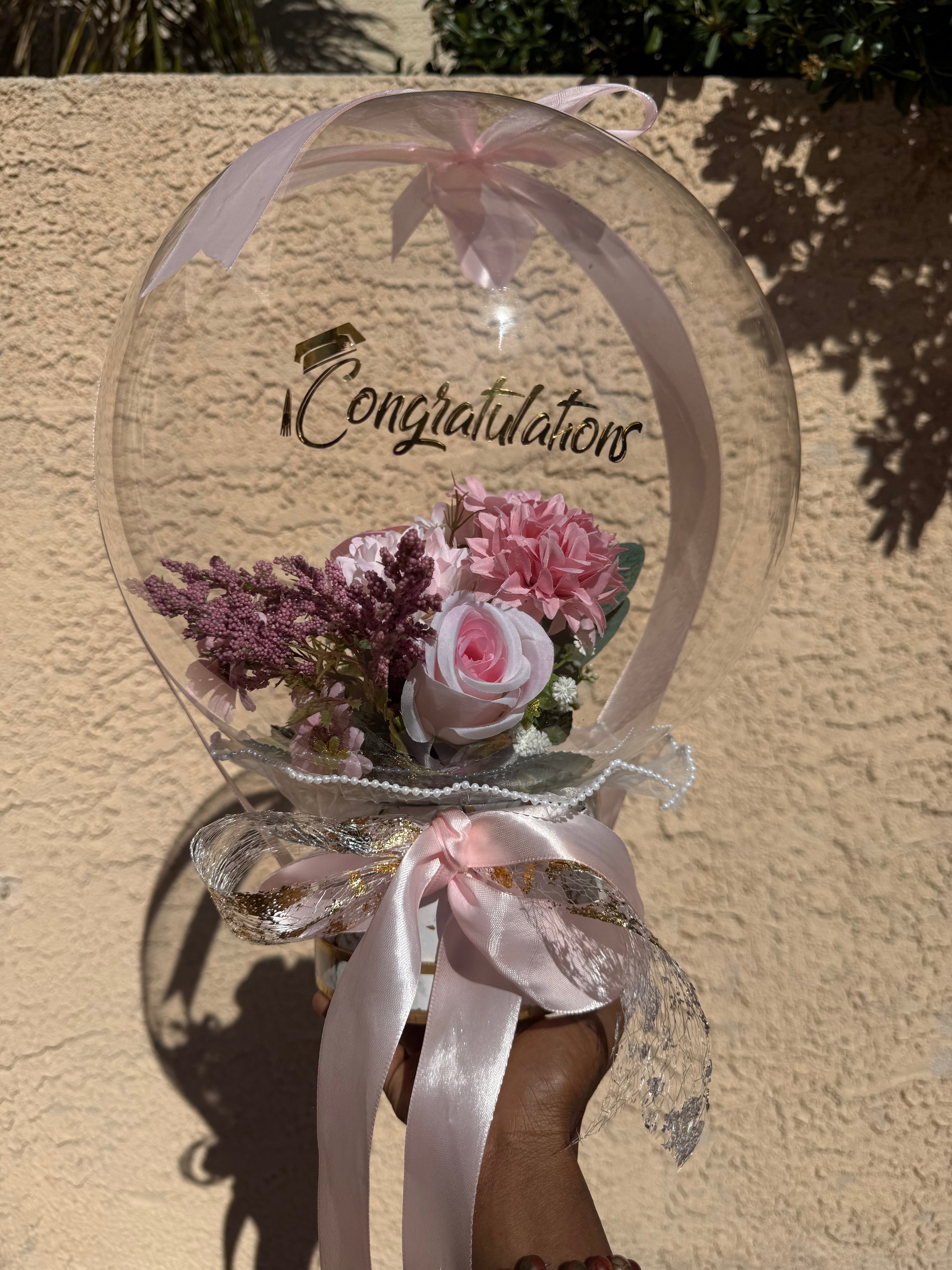 Luxury Congratulations Balloon Bouquet | Pink Floral Bubble Balloon Gift | Graduation, Promotion, Celebration Gift