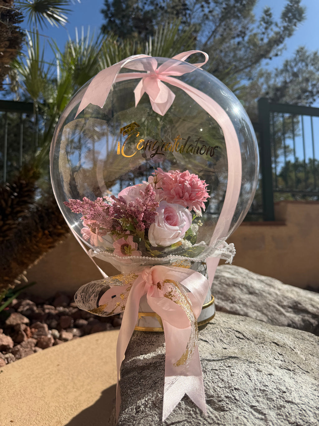 Luxury Congratulations Balloon Bouquet | Pink Floral Bubble Balloon Gift | Graduation, Promotion, Celebration Gift