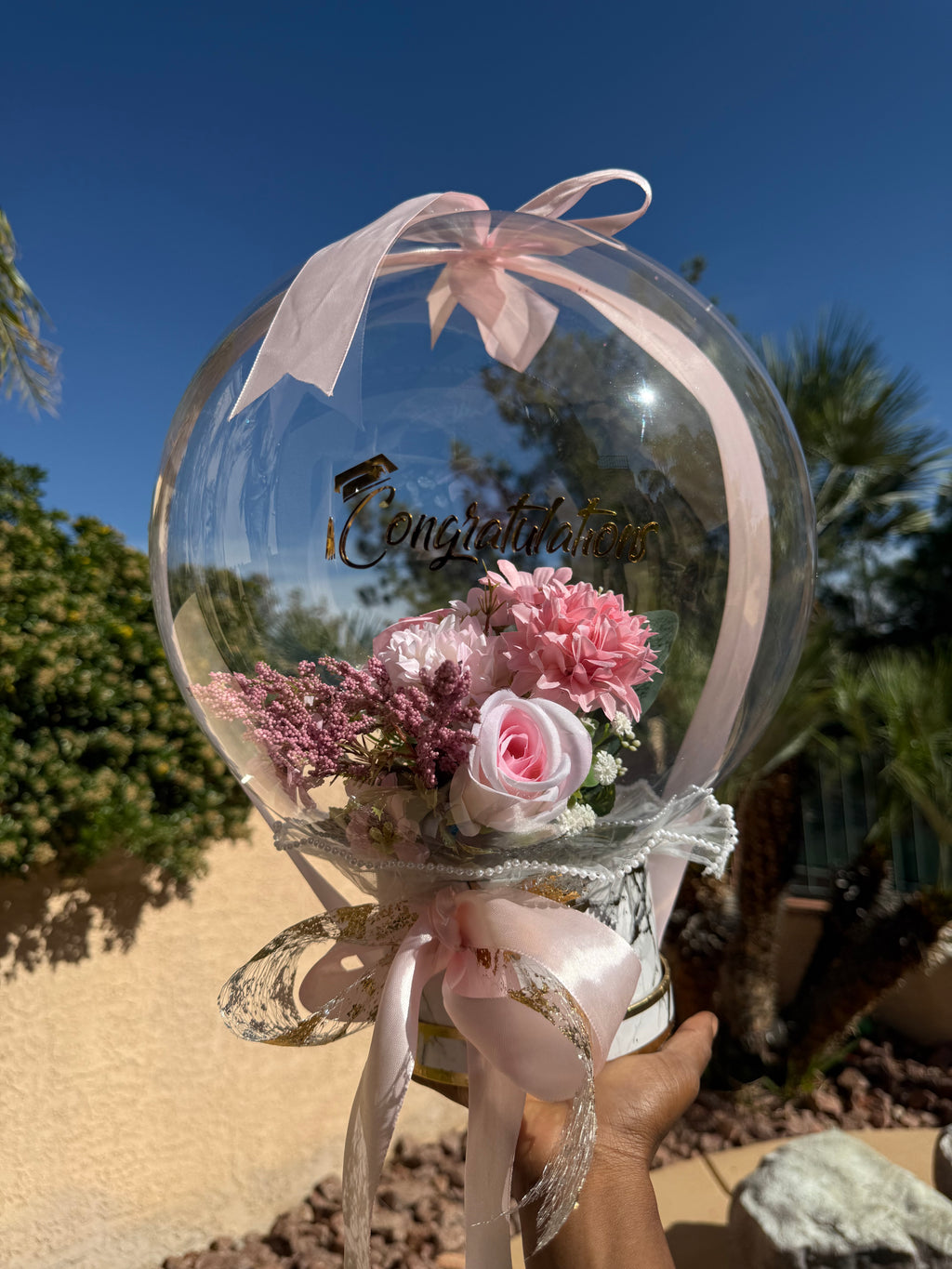 Luxury Congratulations Balloon Bouquet | Pink Floral Bubble Balloon Gift | Graduation, Promotion, Celebration Gift