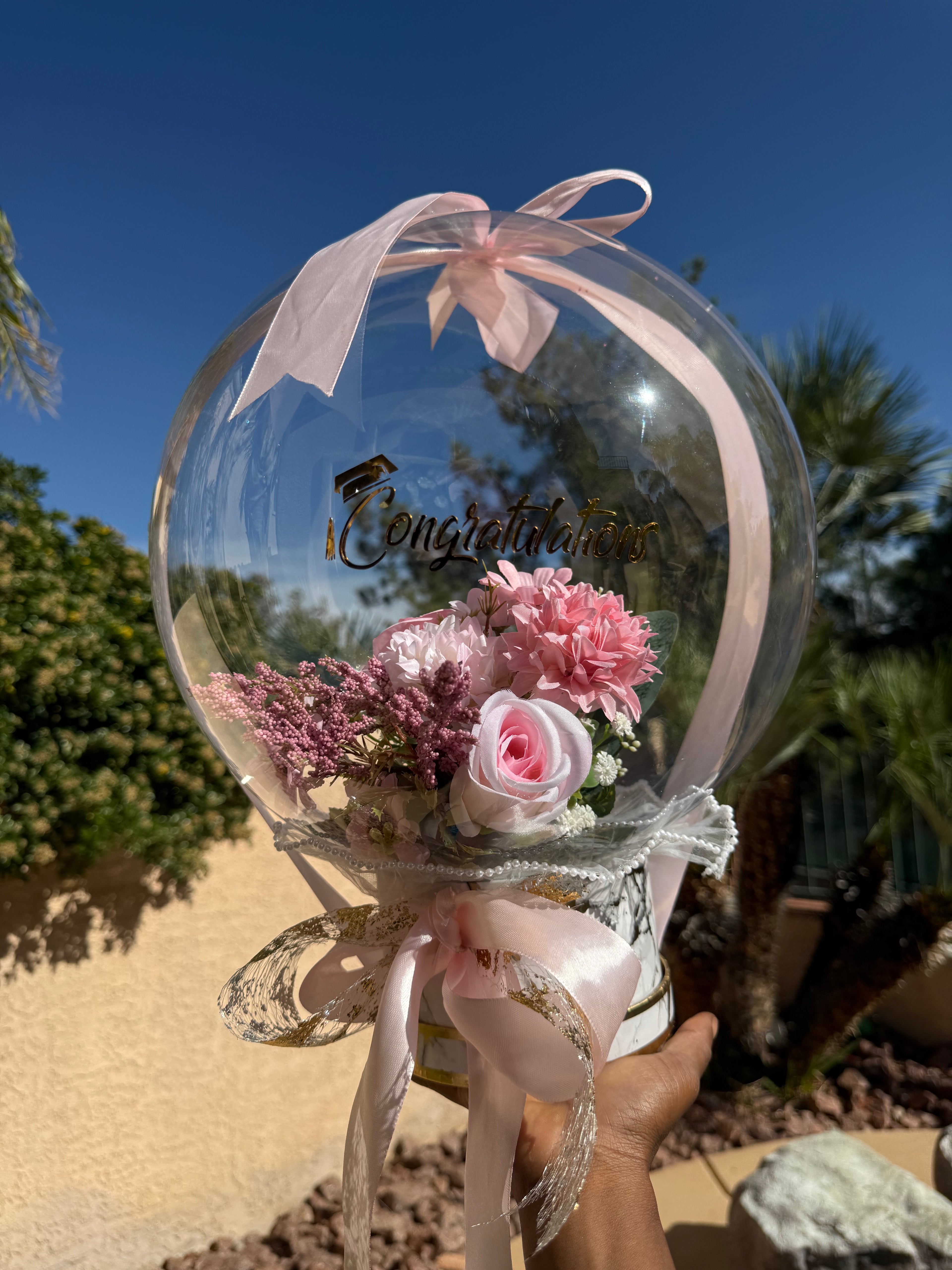 Luxury Congratulations Balloon Bouquet | Pink Floral Bubble Balloon Gift | Graduation, Promotion, Celebration Gift