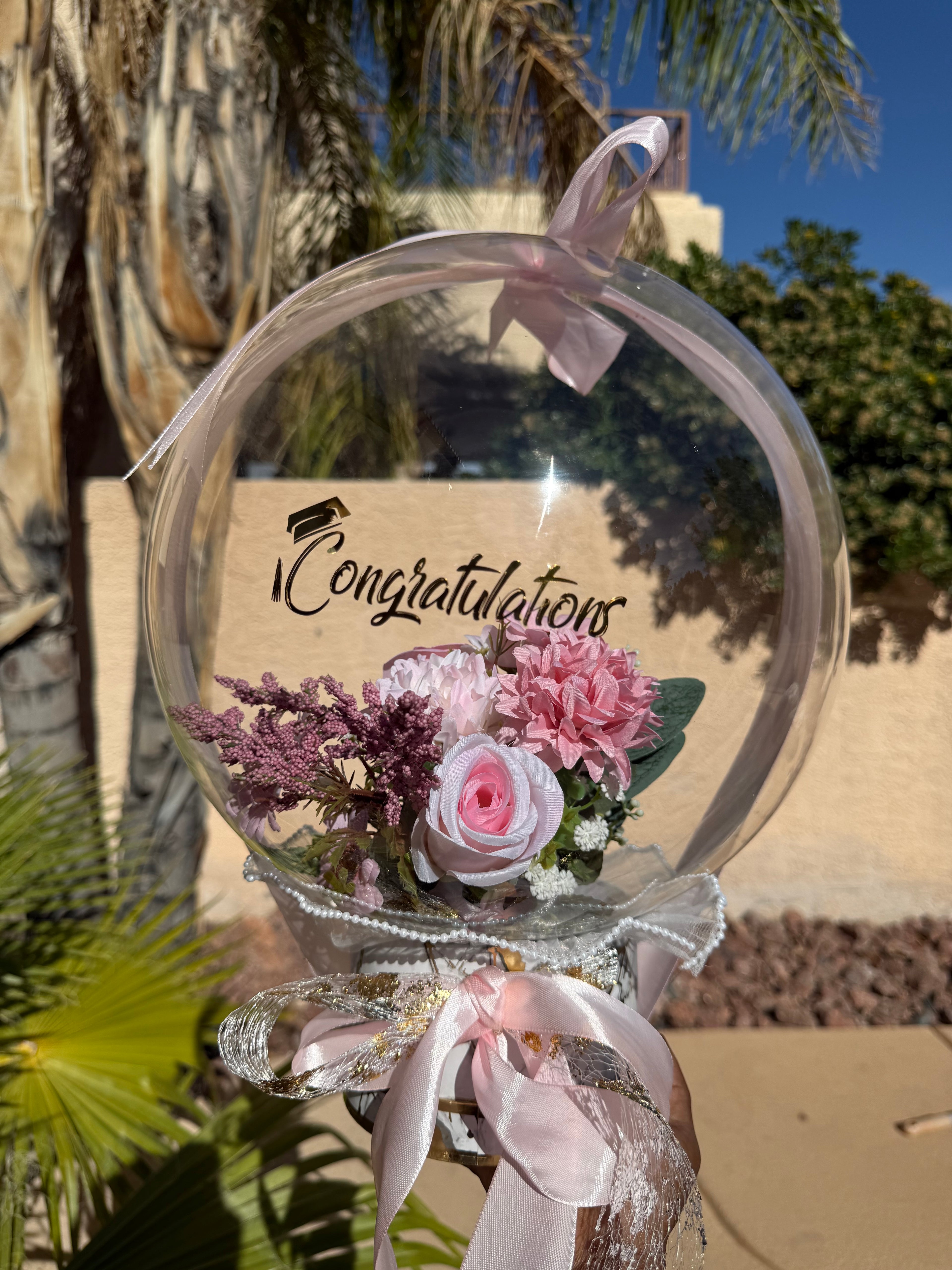 Luxury Congratulations Balloon Bouquet | Pink Floral Bubble Balloon Gift | Graduation, Promotion, Celebration Gift