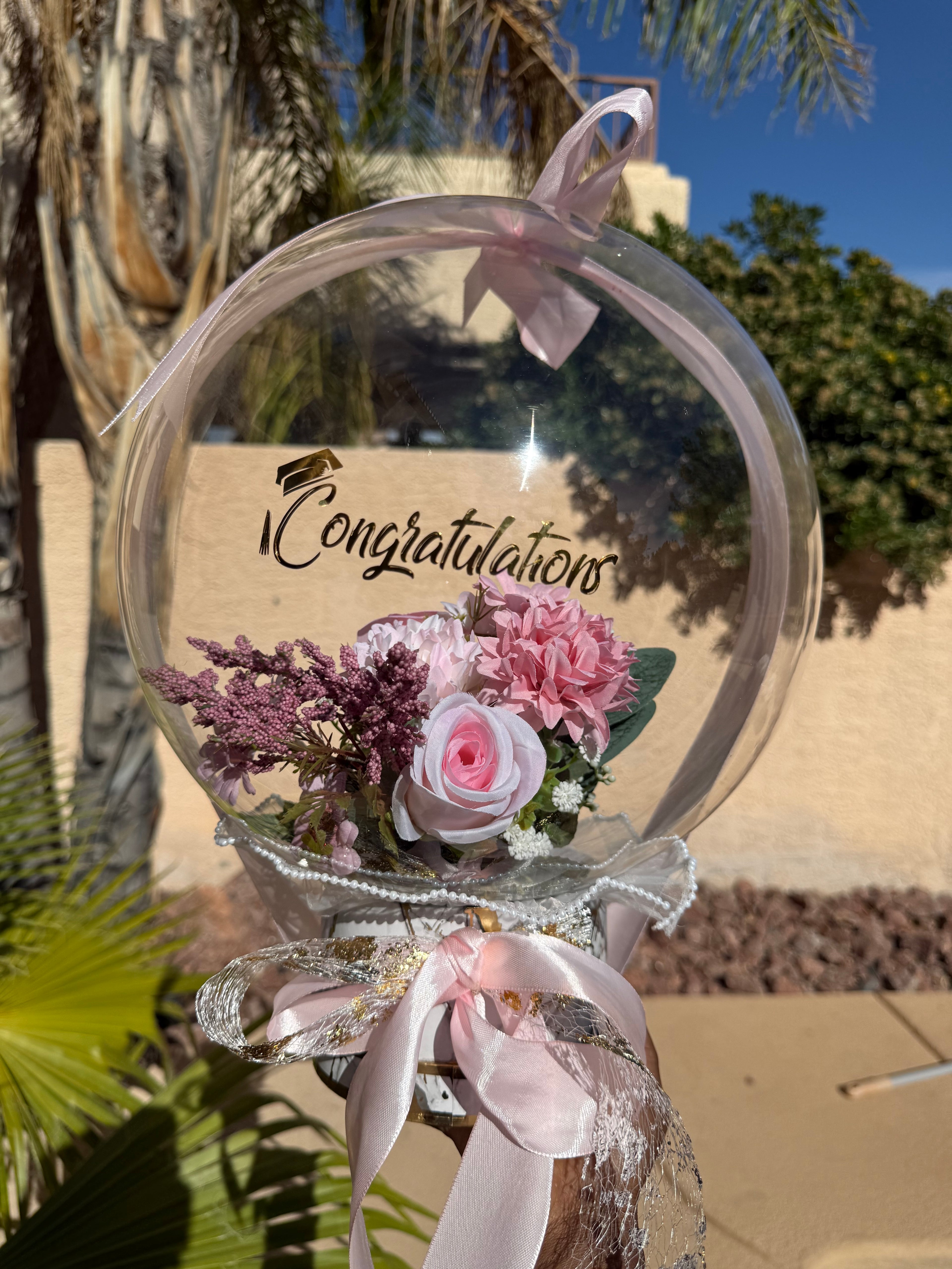 Luxury Congratulations Balloon Bouquet | Pink Floral Bubble Balloon Gift | Graduation, Promotion, Celebration Gift