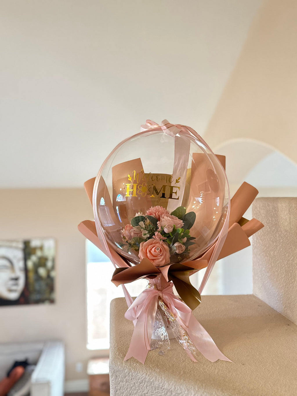 Welcome Home Balloon Bouquet | Blush Pink Floral Bubble Balloon | Housewarming Gift Idea | Custom Balloon Gift